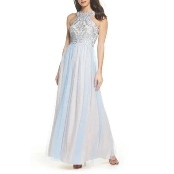 Morgan & Co Dress Gown Maxi Blue Embroidered Prom Homecoming Formal - Picture 1 of 16